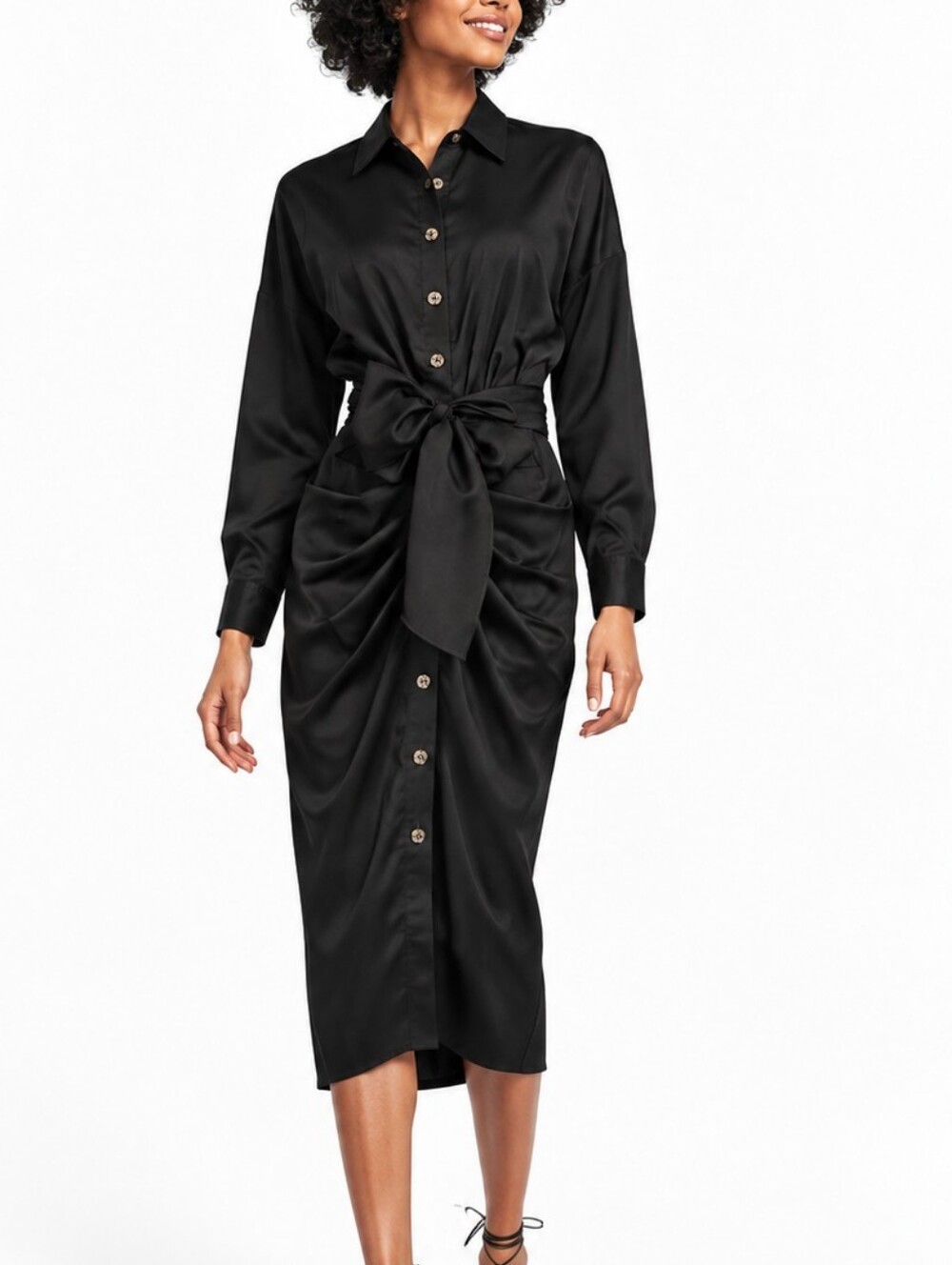 Antonio Melani Roxanne Black Ruched Tie Waist Midi Shirt Dress Quiet Luxury 14
